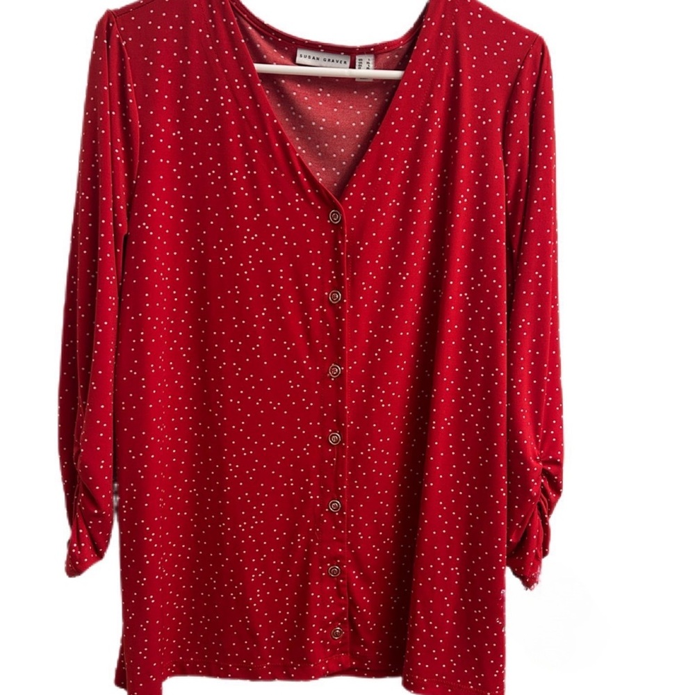 Susan Graver Printed Liquid Knit Button-Front Shirt Red Dot Size Large